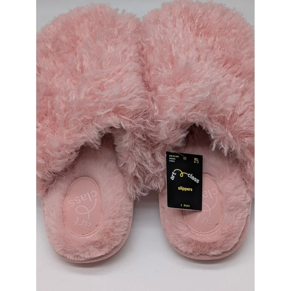 Art Class Cailey Pink Faux Fur Scuff Slippers Girls XL 6-7 NWT Cozy Plush